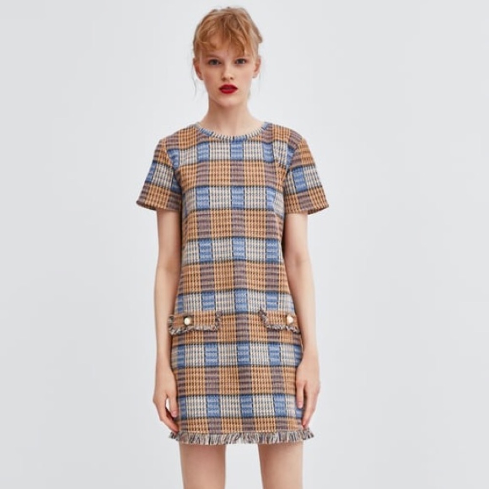 Zara Trafaluc Tweed Checkered Blue Tan Old Money Style Fringe Hem Dress Size M